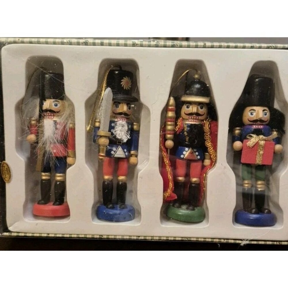 Vintage Set of (4) Nutcrackers Soldiers Christmas Tree Wooden Ornaments